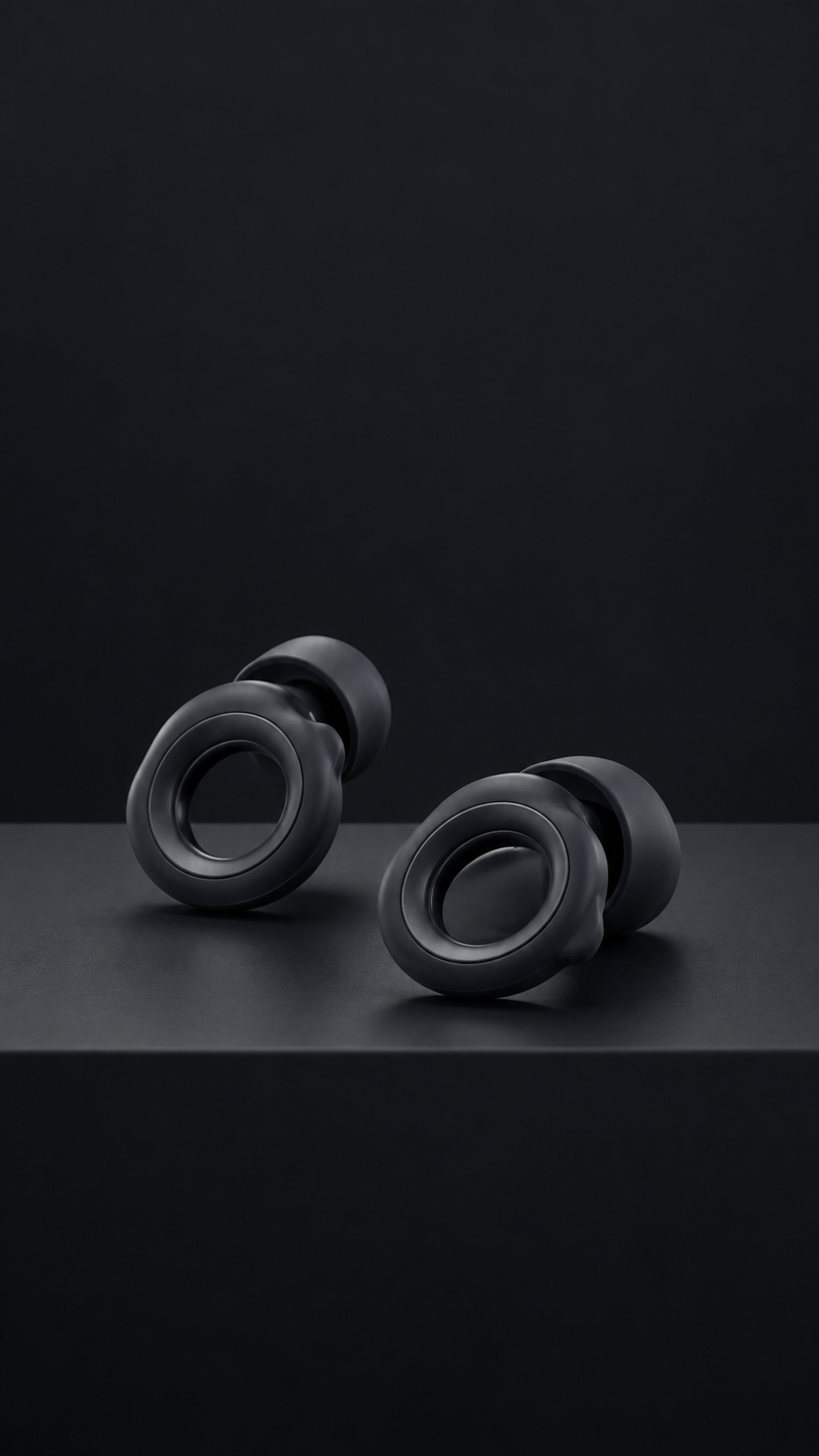 Black loop-shaped sleep earplugs on dark charcoal studio backdrop