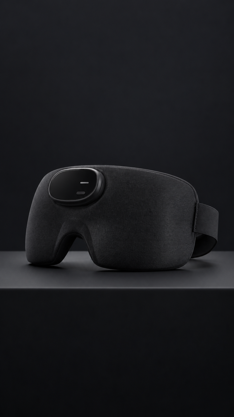 Black smart sleep eye mask on dark charcoal studio backdrop