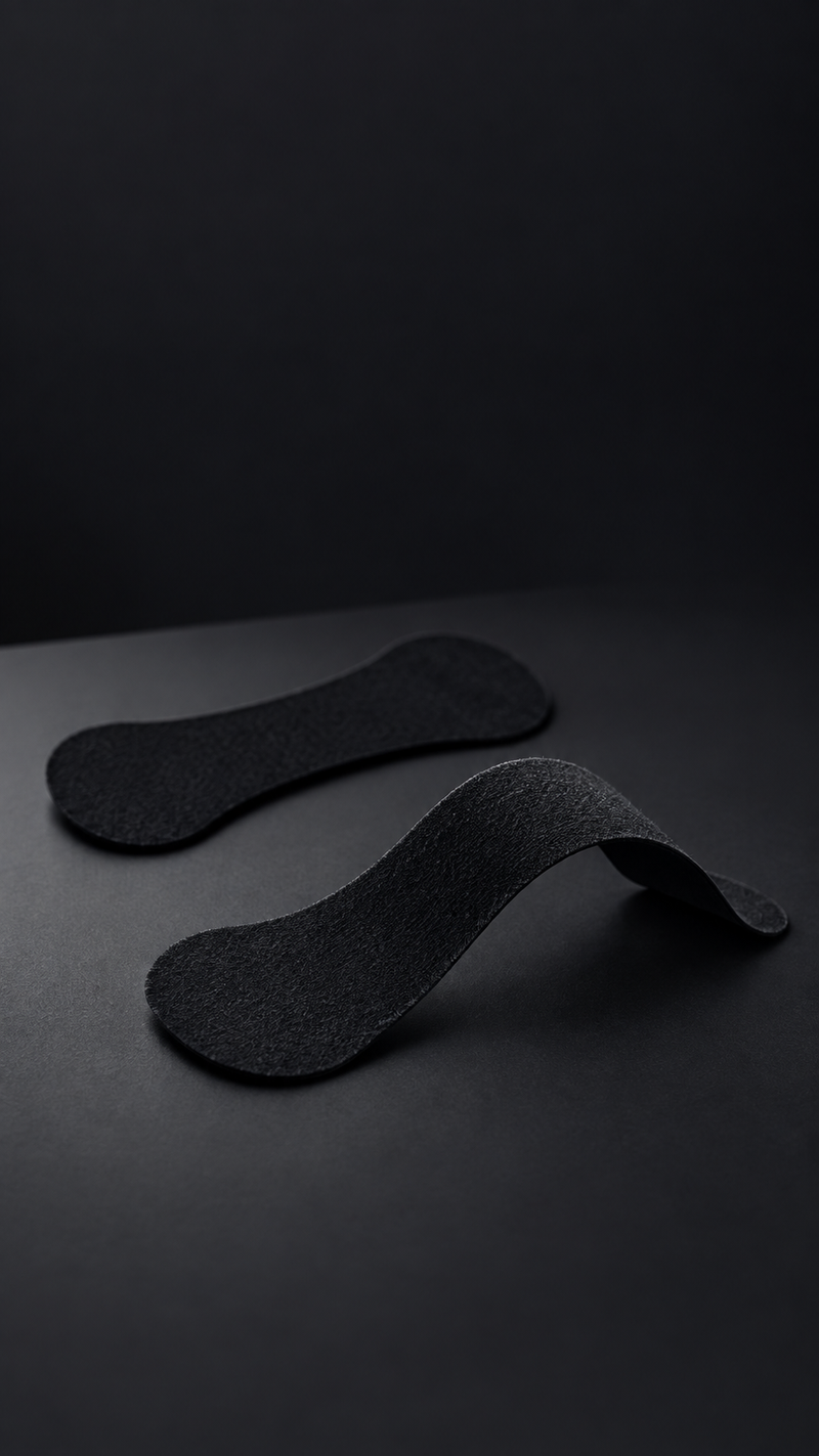 Black nasal strips on dark charcoal studio backdrop